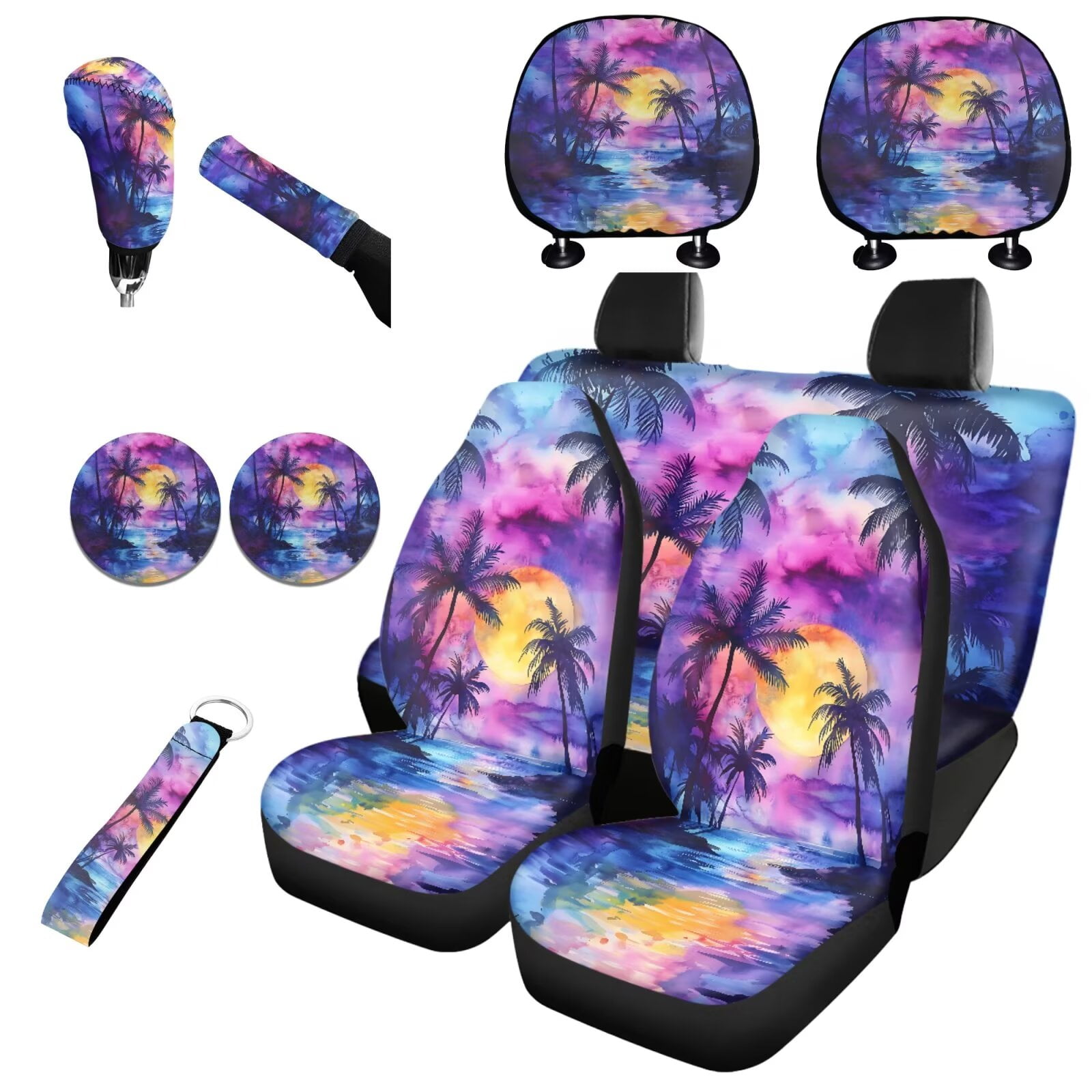 Garronmavis Sunset Palm Tree Car Seat Covers Full Set Adjustable Flexible with Cars Headrest Protectors+Lanyards Key Ring+Auto Cup Coaster+Handbrake Gear+Shift Knob Cover Universal Design