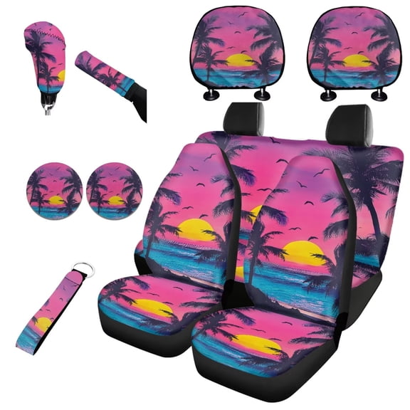 Garronmavis Sunset Palm Tree Universal Car Seat Covers Full Set Easy to Install Seat Protectors with Auto Headrest Covers+Handbrake Gear+Shift Knob Cover+Auto Cup Coaster+Wristlet Keychain