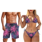 Garronmavis His and Hers Swimsuits Matching Set Purple Palm Trees Thong Bikini Sets for Women Cheeky Bathing Suit & Men's Swim Trunks Shorts Lightweight Casual Beach Shorts with Pockets
