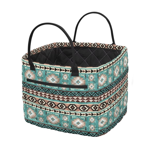 Garronmavis Teal Aztec Pattern Quilted Laundry Basket with Handles, Foldable Large Capacity Laundry Hamper, Decorative Storage Basket for Bedroom Nursery Bathroom Dorm