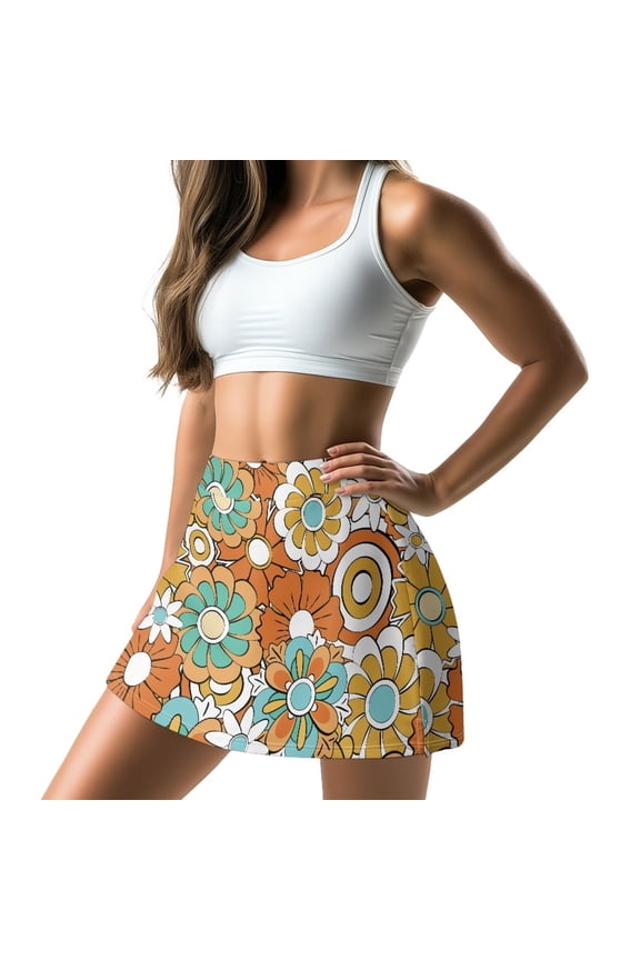 Tennis Golf Skirt for Women A Line Tennis Skort with Short Pockets High Waisted Mini Skirts Womens Floral Golf Mini Skirt, Orange Hippie Floral, Size M