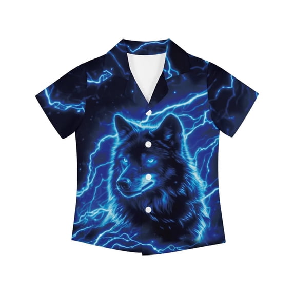 Garronmavis Thunder Wolf Button Down Shirts for Toddler Boys Girls 3T-4T Cool Hawaiian Short Sleeve Shirts for Beach Vacation & School Daily Wear Lightweight Casual Summer Tops