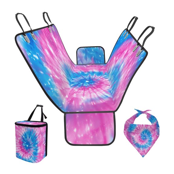 Garronmavis Tie-Dye 3 Pcs Car Accessories Set for Pet Back Seat Pet Cover for Dogs 1 Piece Dog Bandana Car Trash Bag Hanging Multipurpose Trash Bin with Storage Pockets