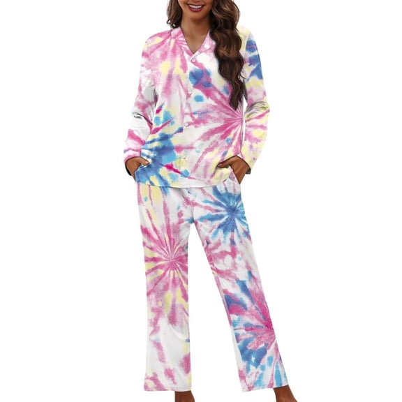 Garronmavis Tie Dye Pajama Set Womens Loungewear Sleepwear Button Down Soft Comfy Nightwear PJs Set Casual Stylish Lounge Sets with Pockets