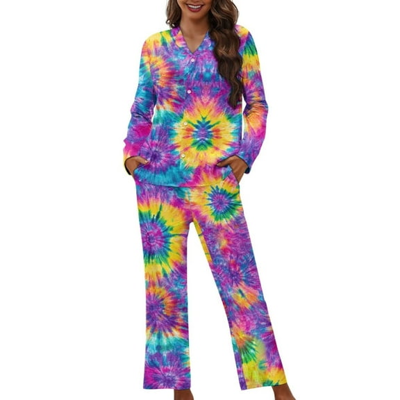Garronmavis Tie-dye Design Womens Long Sleeve Pajama Set 2 Piece Button Down V Neck Sleepwear Cozy Soft Loungewear Set Nightwear PJs for Women with Pockets
