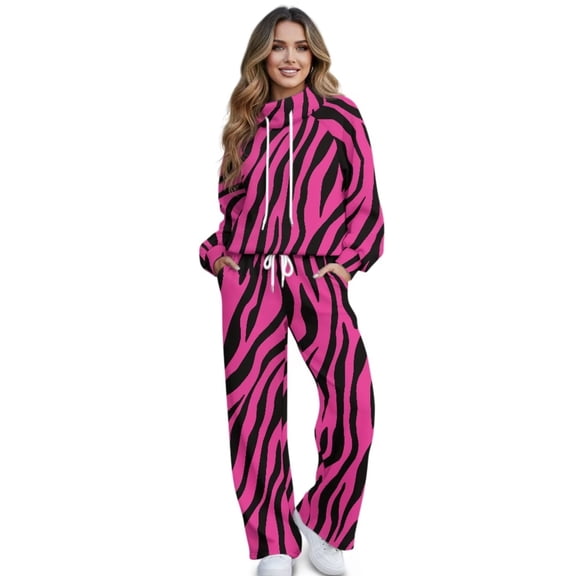 Garronmavis Track Suit Women's 2 Piece Sweatsuit Set Zebra Print Long Sleeve Hoodie Wide Leg Sweatpants for Fall, Spring, Winter Loose Fit Travel Pants Tracksuits Pink, Size M