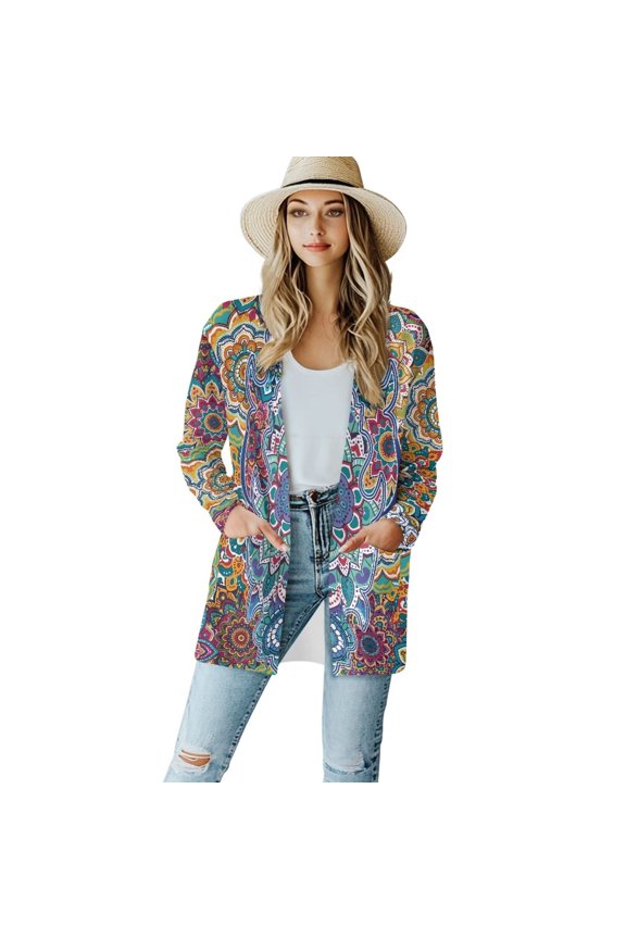 Trendy Cardigans for Women Loose Fit Dressy Jackets Long Sleeve Sun Shirts Plus Size Lightweight Casual Blouse Tops Office Business Clothes Aesthetic Mandala