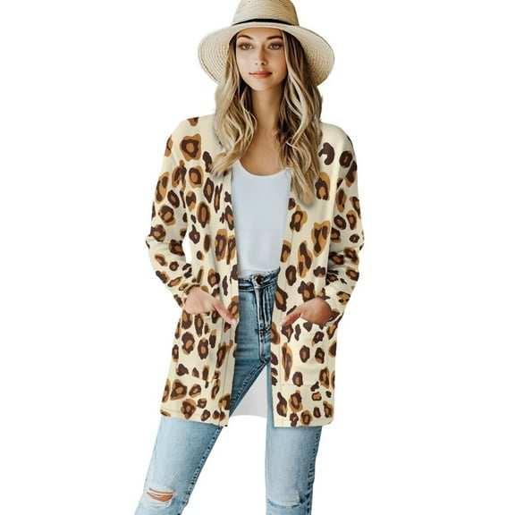 Garronmavis Trendy Cardigans for Women Loose Fit Dressy Jackets Long Sleeve Sun Shirts Plus Size Lightweight Casual Blouse Tops Office Business Clothes Yellow Leopard Print