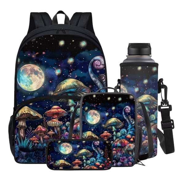 Garronmavis Trippy Mushroom Print School Bags for Boys 5-16, Backpack with Pencil Case Lunch Box Bag Water Bottle Bag Set of 4, Camping Rucksack Novelty Bookbags for Kids Gifts