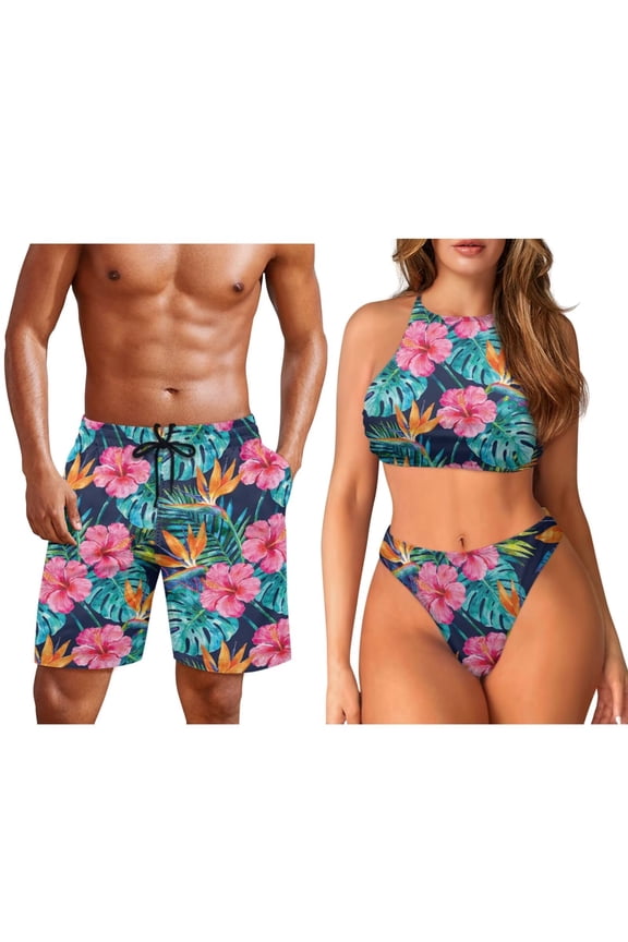 Tropical Flowers Hawaiian Couple Swimsuits Matching Sets Women 2 Piece Bikini Set High Waisted Halter Bathing Suits and Men's Swim Trunks Beach Shorts