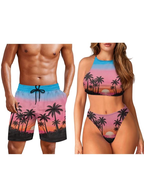 Tropical Fruit Hawaiian Matching Swimsuits for Couples Men’s Swim Trunks Board Shorts Quick Dry Bathing Suit Women's Bikini Swimsuits Triangle Bathing Suit Cheeky High Cut Swimwear