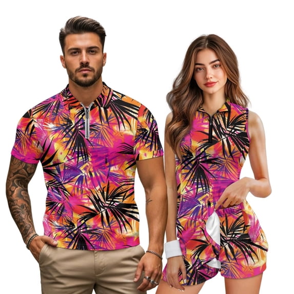 Garronmavis Tropical Matching Couple Golf Outfits Men Quick Dry Short Sleeve 1/4 Zip Shirt Palm Leaf Women Sleeveless Tennis Dress with Built-In Pocketed Shorts for Summer Sports Vacation