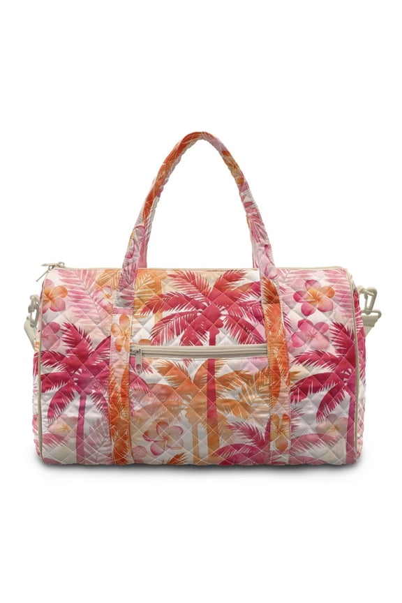 Tropical Palm Print Large Quilted Duffle Bag for Women, Weekender Overnight Bag Carry On Travel Tote Gym Dance Bag with Zipper Pockets