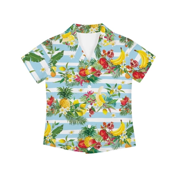 Garronmavis Tropical Shirts for Girls Boys 5-6 Blue and White Striped Short Sleeve Button Down Hawaiian Shirt Cute Beach Vacation Clothes Lightweight Breathable Summer Tops Daily School Play Wear
