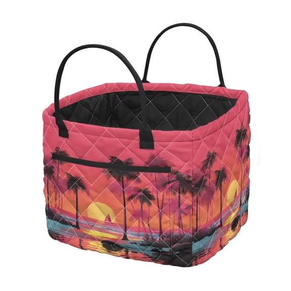Garronmavis Tropical Sunset Palm Tree Quilted Laundry Basket, Foldable Decorative Fabric Laundry Hamper with Handles, Large Capacity Storage Basket for Bedroom, Nursery, Bathroom