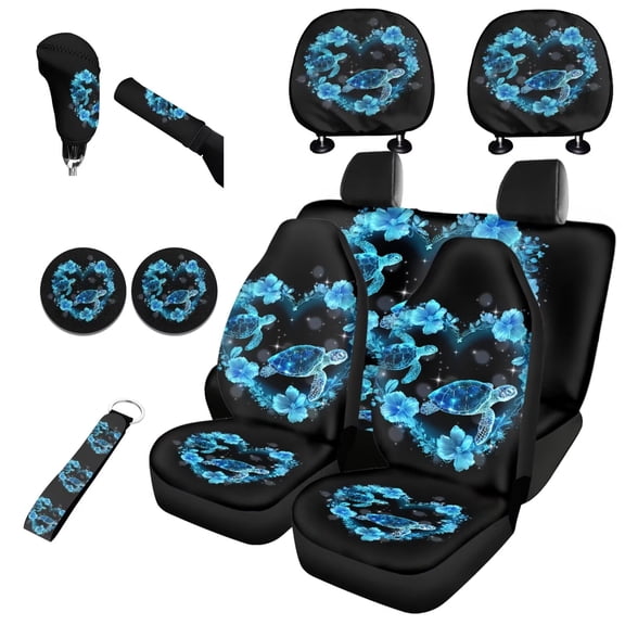 Garronmavis Turtle Loving Heart Soft Car Seat Cover Set with Auto Headrest Covers Handbrake Gear Shift Knob Cover Auto Cup Coaster Wristlet Keychain for Sedan Van Truck Universal Fit Set