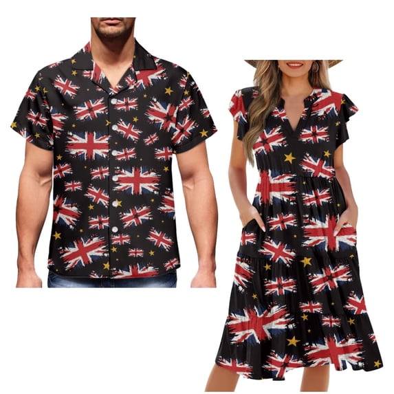 Garronmavis UK Flag Couples' Outfits Husban and Wife Clothing Men's Button Up Shir Plus Size Summer Beach Blouse Womens Short Sleeve Dress Casual A-Line Party Sundress