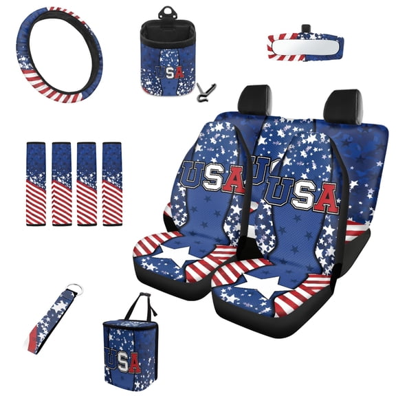 Garronmavis USA Flag 13 Pcs Car Accessories Set Auto Interior Decor 4 Pieces Car Seat Covers Steering Wheel Cover Keychain Car Trash Can Car Dash Accessories Rearview Mirror Cover Easy to Install
