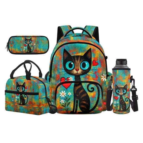 Garronmavis Vintage Art Heart Cat 4PCS School Backpack Set, 17 Inch Colorful Graffiti Print Girls Daypack with Insulated Lunch Bag, Pencil Pouch and Water Bottle Holder