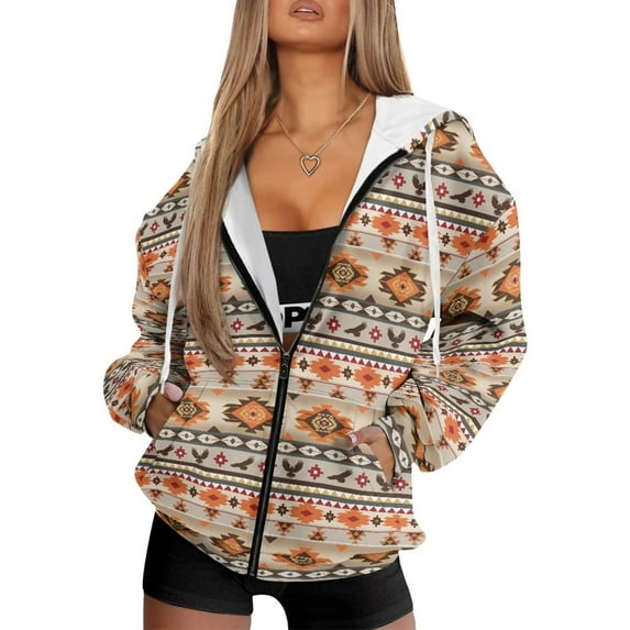 Garronmavis Vintage Aztec Women Fall Sweaters Hoodies Zip Up Long Sleeve Shirts Clothes Loose Comfy Women Oversized Sweatshirts Stylish Smooth Hoodies for Womens