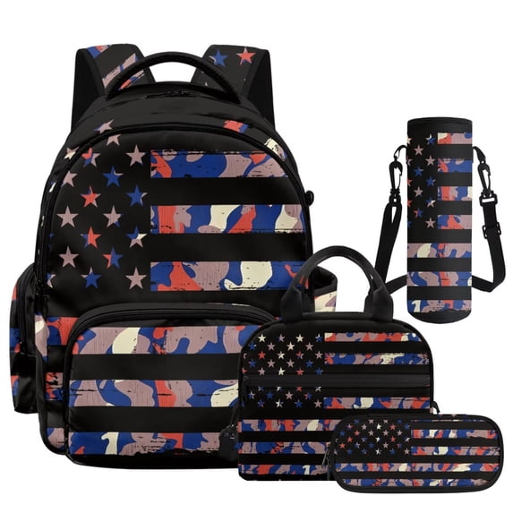 Garronmavis Vintage Camo USA Stripe Flag Children Backpack Combo, 17 Inch Patriotic Outdoor Boys School Bag with Thermal Lunch Pack, Pen Case and Drink Bottle Holder