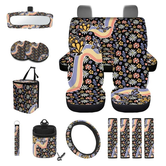 Garronmavis Vintage Flower 15 PCS Car Seat Cover Full Set 4 Pieces Car Seat Covers Steering Wheel Cover Keychain Car Trash Bag Car Pouch Organizer Auto Rear View Mirror Covers Car Coasters