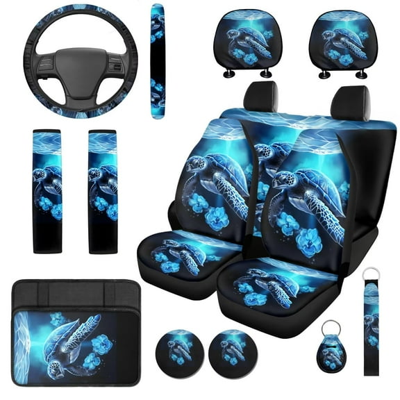Garronmavis Vintage Sea Turtle Car Seat Covers Set 14 Pcs Headrest Protector Steering Wheel Cover Arm Rest Cover Car Seat Belt Covers Key Ring and Cup Coaster Universal Fit for Most Cars SUV
