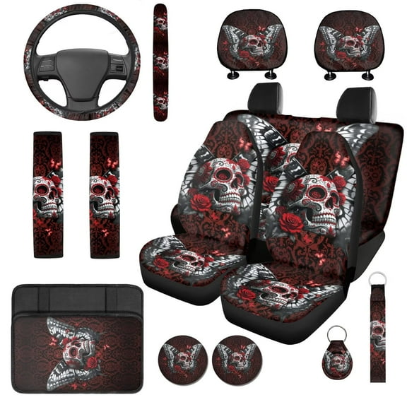 Garronmavis Vintage Skull Rose 14 Pcs Car Accessories Set with Car Headrest Cover Steering Wheel Protector Armrest Cover Seat Belt Pads Key Ring and Cup Coaster Universal Fit for Most Cars SUV