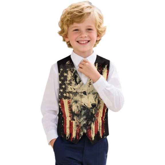 Garronmavis Wolf Boys Outerwear Vests Stylish Flag Formal Dress Waistcoat Casual Coat Vest with Pockets Fashion V Neck Adjustable Back Strap Vests Versatile Sleeveless Outerwear