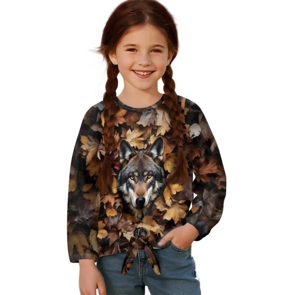 Garronmavis Wolf Girls Long Sleeve T-Shirts 11-12 Warm Camo Forest Tie Hem Front Clothing Tops Lightweight Kids Crewneck T-Shirts Fall Tops Comfortable Crewneck Pullover Blouse