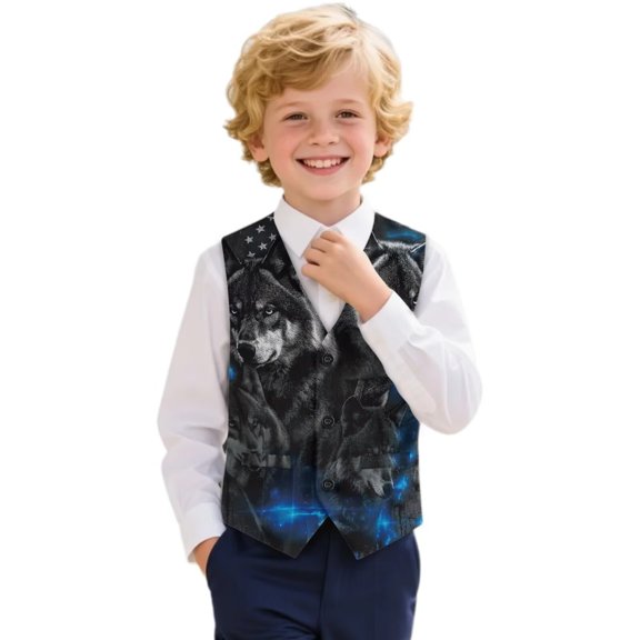Garronmavis Wolves Boys Outerwear Vests Versatile Flag Boy's 3 Button Formal Suit Vest Lightweight 3-button Single Breasted Closure & 2 Slit Pockets Fashion Fall Winter Clothes
