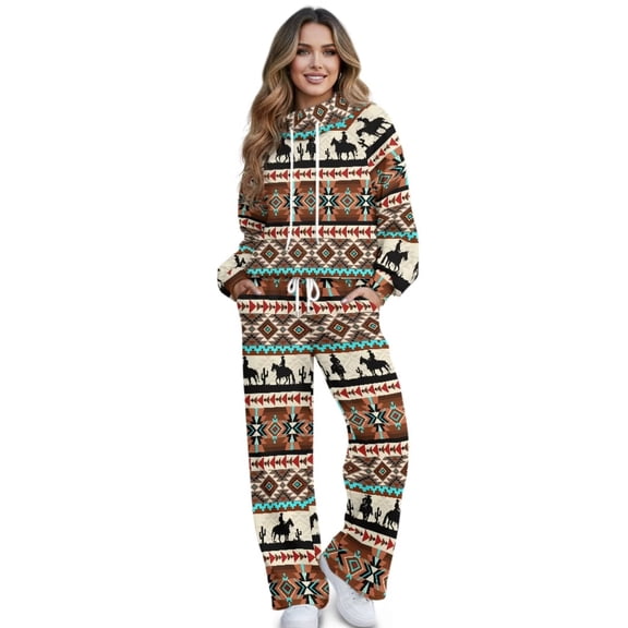 Garronmavis Women 2 Piece Outfits 2026 Aztec Horse Hoodie Spring Fashion Airport Travel Pants Lounge Set Leisure Vacation Winter Clothes Sweatsuits Fall, Size XS