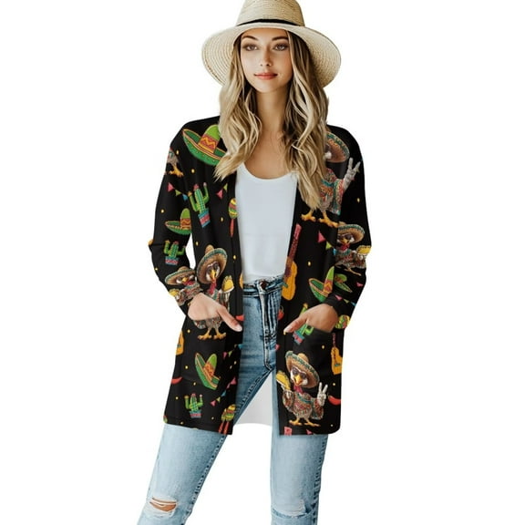 Garronmavis Women Casual Lightweight Jacket Open Front Cardigans with Pockets Loose Knit Sweater Cover Up Long Sleeve Cardigan Sweater Plus Size Cactus Turkeys