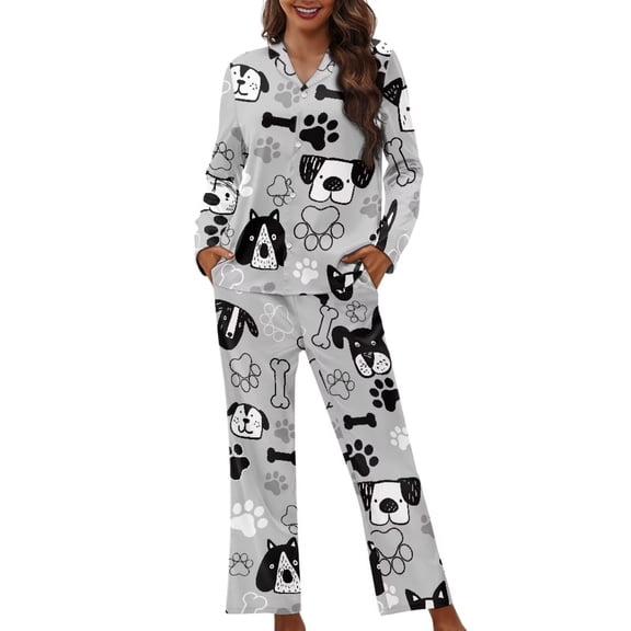 Garronmavis Women Pajama 2 Pack Gray V Neck Long Sleeve Top and Pants Set Breathable Sleepwear Comfy Loungewear Casual Fall Winter PJs with Pockets, Dog Pattern