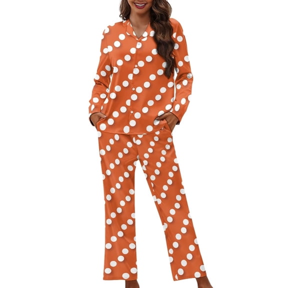 Garronmavis Women Pajama 2 Piece Orange Polka Dots V Neck Long Sleeve PJ Set with Full Length Bottom Breathable Sleepwear Loungewear Casual Trendy Pjs