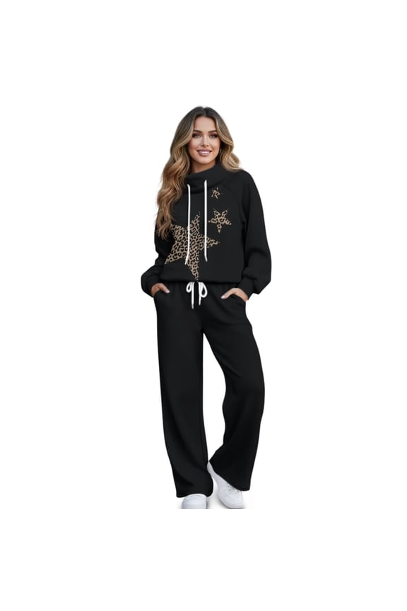 Women Sweat Suits 2 Piece Set Leopard Sweatshirt Matching Lounge Sets for Women Sweatsuits Fashion Outfits Wide Leg Sweatpants Tracksuit Coffee, Size XS