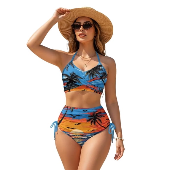 Garronmavis Women's Bikini Sets 2 Piece Twist Front Tummy Control High Waisted Swimsuits Side Tie Halter Tropical Palm Sunset Bathing Suit Swimwear