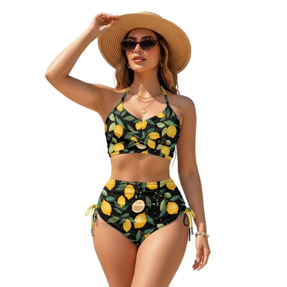 Garronmavis Women's Bikini Sets Lemon Print Twist Front 2 Piece Tummy Control Swimsuits Side Tie Halter Bathing Suit Trendy Summer Swimwear