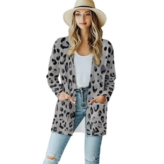 Garronmavis Women's Draped Front Open Cardigan Casual Long Sleeve Lightweight Cardigan Sweaters for Women Cover Up Top Gray Leopard Prints
