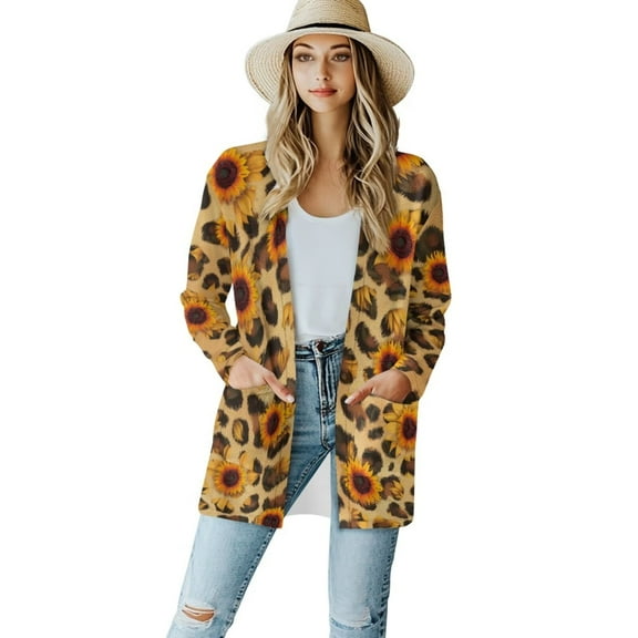 Garronmavis Women's Draped Front Open Cardigan Casual Long Sleeve Lightweight Cardigan Sweaters for Women Knit Beach Cover Up Top Sunflower Leopard