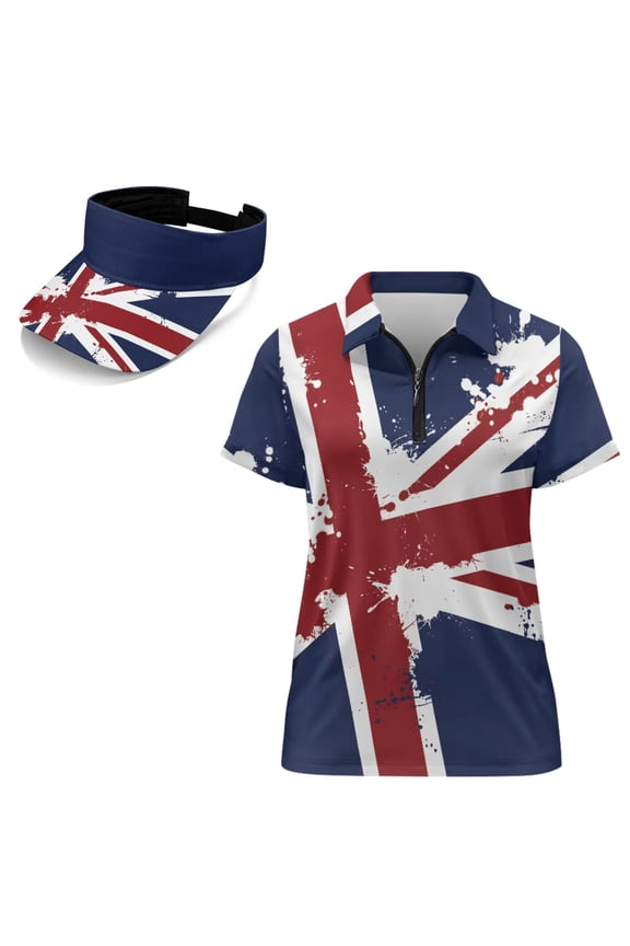 Women's Golf Shirt and Sun Visor Hat Set UK British Union Jack Flag Short Sleeve Collared Golf Tank Shirt Adjustable UV-Protective Sun Visor Moisture Wicking Breathable Fabric for Running