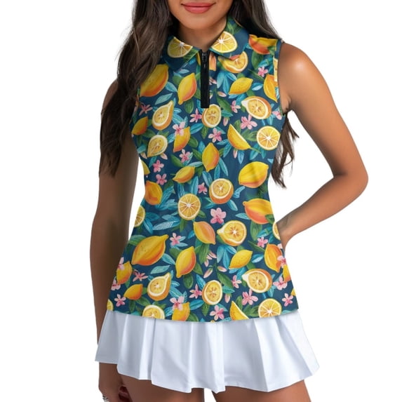 Garronmavis Women's Golf Shirt Zipper Sleeveless Tennis Shirts Athletic Casual Collared Shirts Athletic Tops Womens Hawaiian Golf Shirt, Hawaiian Lemon Print, Size 2XL