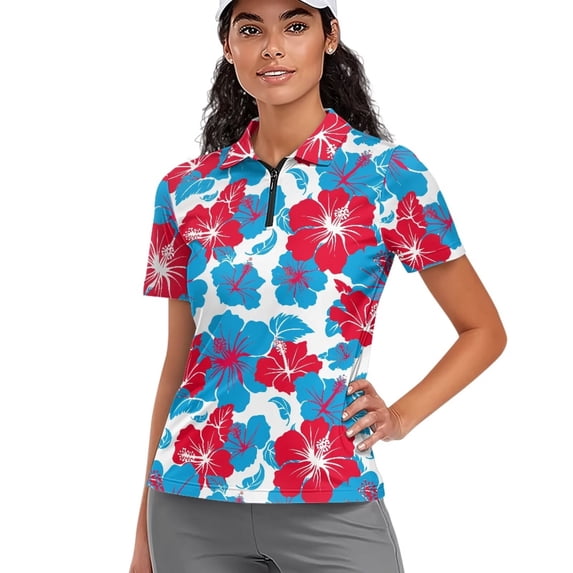 Garronmavis Women's Golf Short Sleeve Size S Zip Up Tennis Collared Athletic Shirts Athletic Casual Work Shirts Tops Womens Hawaiian Golf Shirt, Hawaiian Flowers
