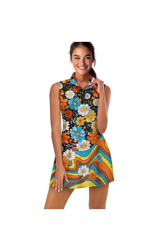 Women's Half Zip Golf Dress Sleeveless Active Tennis Dress Breathable Collared Summer Workout Dresses Athletic Workout, Floral Hippie Print, Size 2XL