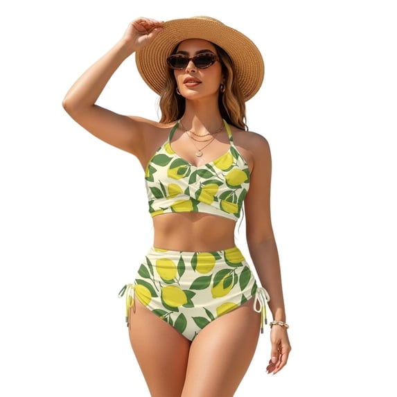 Garronmavis Women's High Waisted 2 Piece Bikini Set Lemon Print Twist Front Tummy Control Crisscross Tie Back Side Drawstring Bathing Suit Swimwear