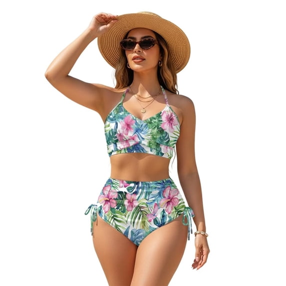 Garronmavis Women's High Waisted Bikini Set 2 Piece Twist Front Tummy Control Swimsuits Crisscross Tie Back Drawstring Bathing Suit Summer Beach Swimwear, Tropical Hibiscus Flower