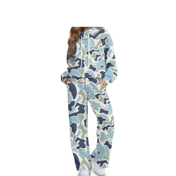 Garronmavis Women's Jogger Sets 2 Piece Blue Camo Hoodie and Wide Leg Sweatpants with Pockets Drawstring Pullover Comfortable Tracksuit for Winter Spring Workout