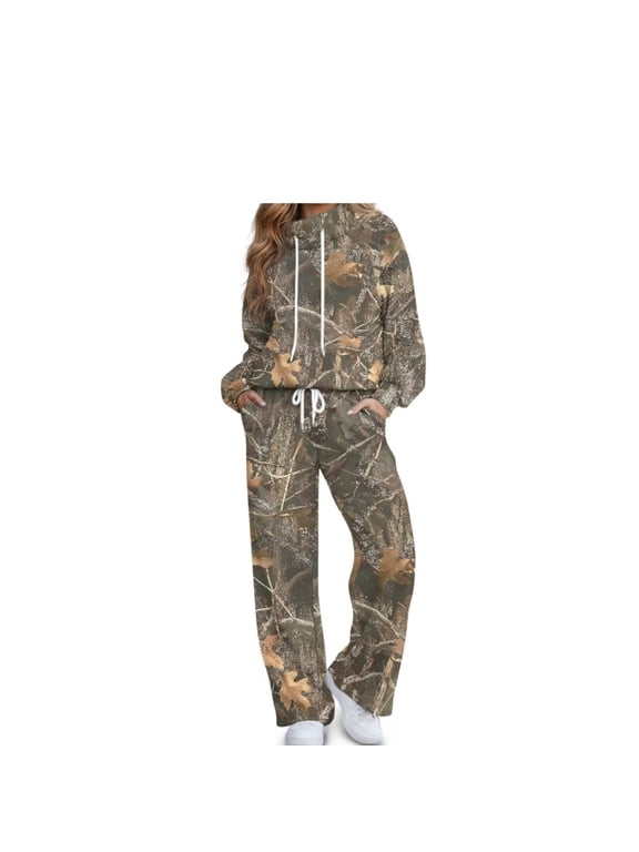 Women's Jogger Sets Grey Leaf Camo Hoodie and Wide Leg Sweatpants with Pockets Drawstring Pullover Classic Casual Outfit for Picnics, Strolling and Home Use