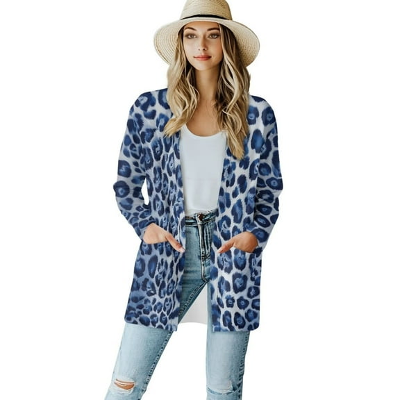 Garronmavis Women's Lightweight Cardigan Sweater Cover Up for Beach Long Sleeve Long Cardigan Knit Jacket Y2K Loose Blue Leopard