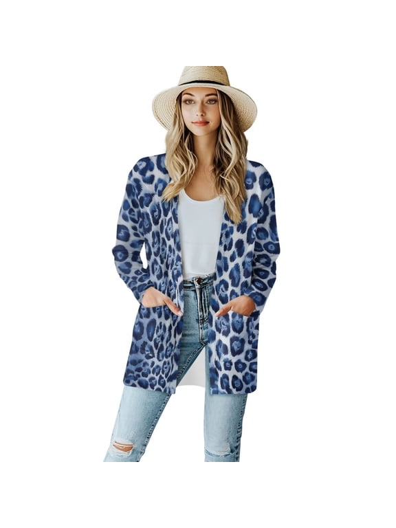 Women's Lightweight Cardigan Sweater Cover Up for Beach Long Sleeve Long Cardigan Knit Jacket Y2K Loose Blue Leopard